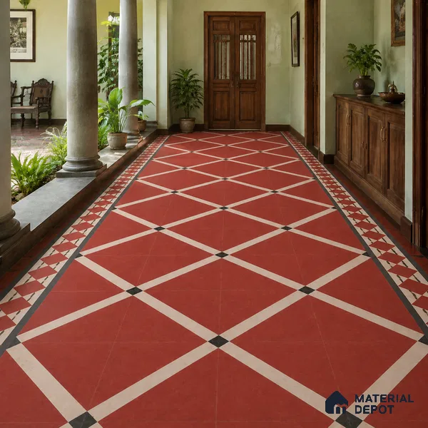 Athangudi Handmade Border Tile TL 10873 F Vermilion Diamond Lattice 10 x 5 inch Concrete Pearl Finish - 18 mm | Suitable for Decorative Floor Borders in Living Room, Bedroom, Dining Area & Foyer