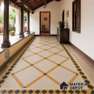 Athangudi Handmade Border Tile TL 10873 G Ivory Sand Lattice 10 x 5 inch Concrete Pearl Finish - 18 mm | Suitable for Decorative Floor Borders in Living Room, Bedroom, Dining Area & Foyer