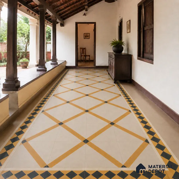 Athangudi Handmade Border Tile TL 10873 G Ivory Sand Lattice 10 x 5 inch Concrete Pearl Finish - 18 mm | Suitable for Decorative Floor Borders in Living Room, Bedroom, Dining Area & Foyer