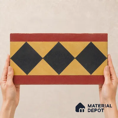 Athangudi Handmade Border Tile TL 10873 H Burgundy Heritage Lattice 10 x 5 inch Concrete Pearl Finish - 18 mm | Suitable for Decorative Floor Borders in Living Room, Bedroom, Dining Area & Foyer