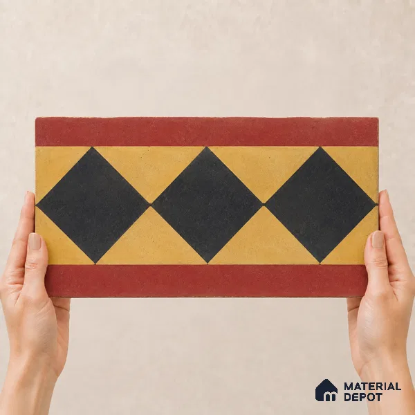 Athangudi Handmade Border Tile TL 10873 H Burgundy Heritage Lattice 10 x 5 inch Concrete Pearl Finish - 18 mm | Suitable for Decorative Floor Borders in Living Room, Bedroom, Dining Area & Foyer