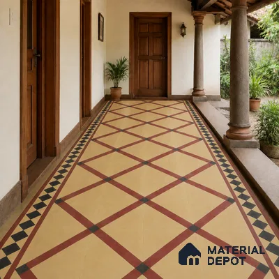 Athangudi Handmade Border Tile TL 10873 H Burgundy Heritage Lattice 10 x 5 inch Concrete Pearl Finish - 18 mm | Suitable for Decorative Floor Borders in Living Room, Bedroom, Dining Area & Foyer
