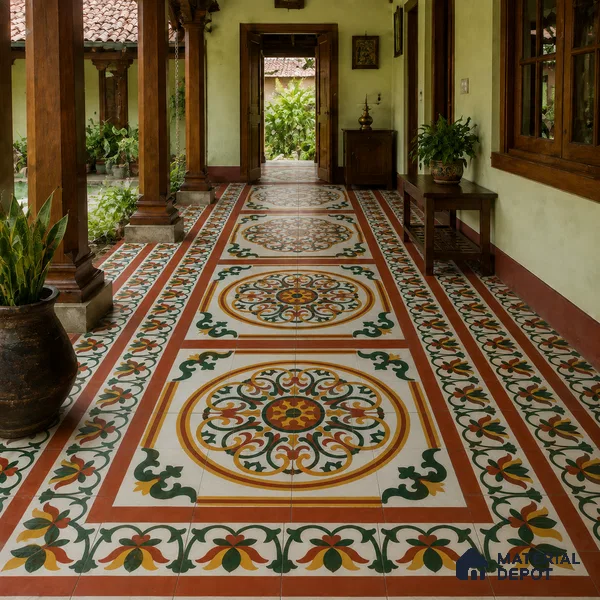 Athangudi Handmade Center Tile TL 10882 Royal Rangoli Inlay 10 x 10 inch Concrete Pearl Finish - 18 mm | Suitable for Indoor Flooring in Living Room, Bedroom, Dining Area & Foyer