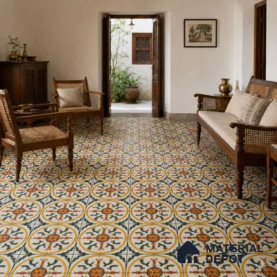 Athangudi Handmade Center Tile TL 10882 Royal Rangoli Inlay 10 x 10 inch Concrete Pearl Finish - 18 mm | Suitable for Indoor Flooring in Living Room, Bedroom, Dining Area & Foyer