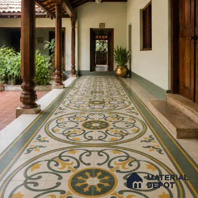 Athangudi Handmade Center Tile TL 10882 B Terracotta Mandala Inlay 10 x 10 inch Concrete Pearl Finish - 18 mm | Suitable for Indoor Flooring in Living Room, Bedroom, Dining Area & Foyer