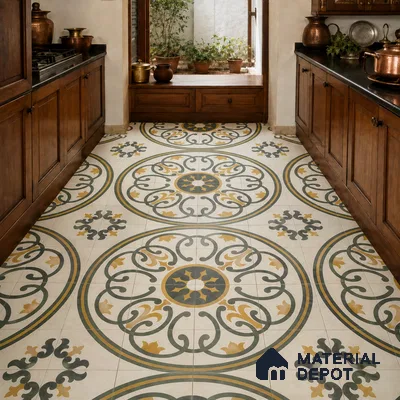 Athangudi Handmade Center Tile TL 10882 B Terracotta Mandala Inlay 10 x 10 inch Concrete Pearl Finish - 18 mm | Suitable for Indoor Flooring in Living Room, Bedroom, Dining Area & Foyer