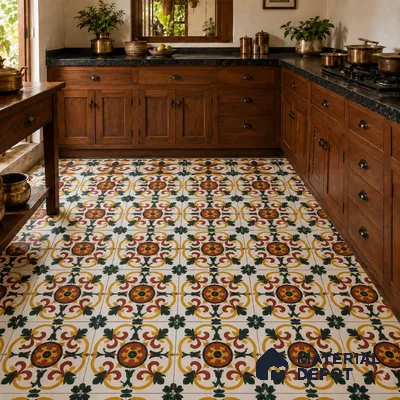 Athangudi Handmade Border Tile TL 10882 C Royal Rangoli Inlay 10 x 10 inch Concrete Pearl Finish - 18 mm | Suitable for Decorative Floor Borders in Living Room, Bedroom, Dining Area & Foyer