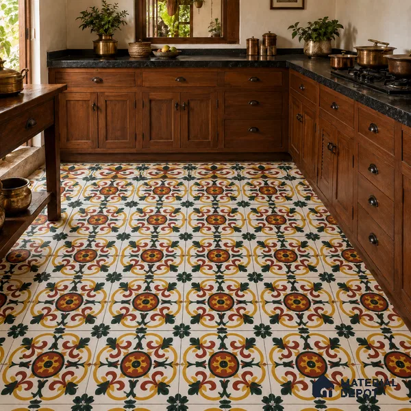 Athangudi Handmade Border Tile TL 10882 C Royal Rangoli Inlay 10 x 10 inch Concrete Pearl Finish - 18 mm | Suitable for Decorative Floor Borders in Living Room, Bedroom, Dining Area & Foyer