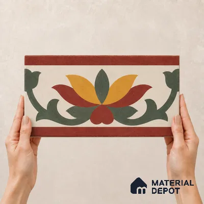 Athangudi Handmade Border Tile TL 10882 C Royal Rangoli Inlay 10 x 10 inch Concrete Pearl Finish - 18 mm | Suitable for Decorative Floor Borders in Living Room, Bedroom, Dining Area & Foyer