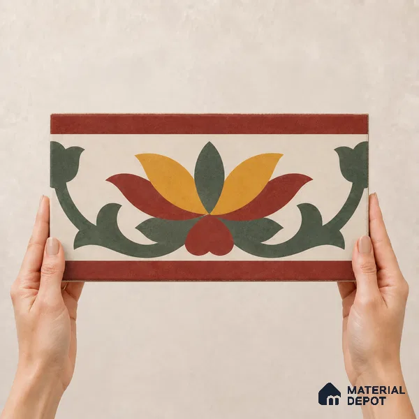 Athangudi Handmade Border Tile TL 10882 C Royal Rangoli Inlay 10 x 10 inch Concrete Pearl Finish - 18 mm | Suitable for Decorative Floor Borders in Living Room, Bedroom, Dining Area & Foyer