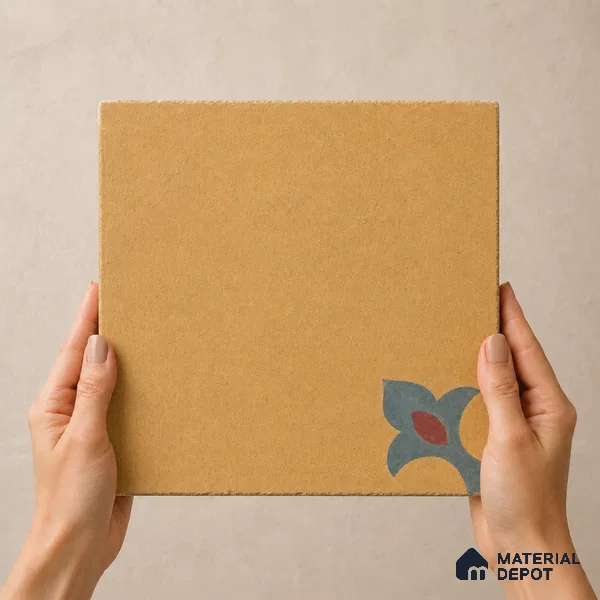 Athangudi Handmade Center Tile TL 10878 Ochre Heritage Knot 10 x 10 inch Concrete Pearl Finish - 18 mm | Suitable for Indoor Flooring in Living Room, Bedroom, Dining Area & Foyer