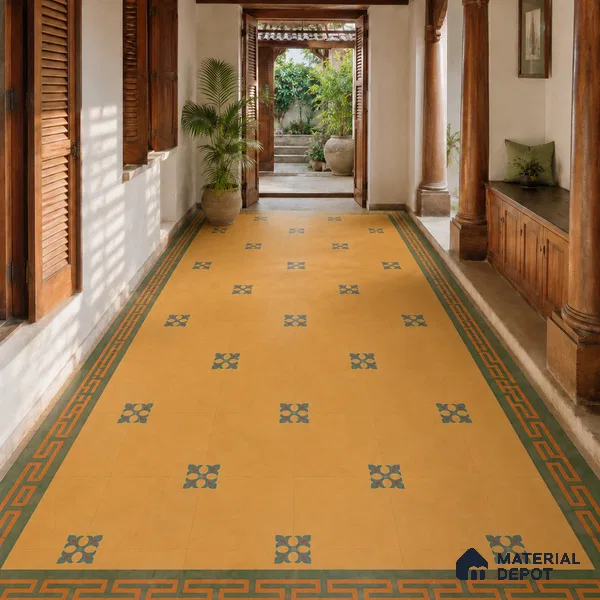 Athangudi Handmade Center Tile TL 10878 Ochre Heritage Knot 10 x 10 inch Concrete Pearl Finish - 18 mm | Suitable for Indoor Flooring in Living Room, Bedroom, Dining Area & Foyer