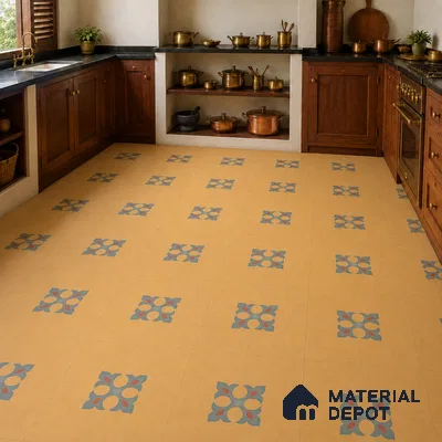 Athangudi Handmade Center Tile TL 10878 Ochre Heritage Knot 10 x 10 inch Concrete Pearl Finish - 18 mm | Suitable for Indoor Flooring in Living Room, Bedroom, Dining Area & Foyer