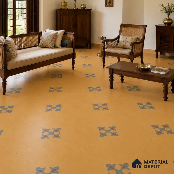 Athangudi Handmade Center Tile TL 10878 Ochre Heritage Knot 10 x 10 inch Concrete Pearl Finish - 18 mm | Suitable for Indoor Flooring in Living Room, Bedroom, Dining Area & Foyer