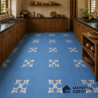 Athangudi Handmade Center Tile TL 10878 B Indigo Heritage Knot 10 x 10 inch Concrete Pearl Finish - 18 mm | Suitable for Indoor Flooring in Living Room, Bedroom, Dining Area & Foyer