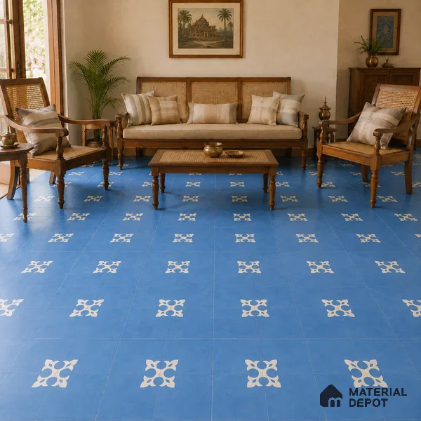 Athangudi Handmade Center Tile TL 10878 B Indigo Heritage Knot 10 x 10 inch Concrete Pearl Finish - 18 mm | Suitable for Indoor Flooring in Living Room, Bedroom, Dining Area & Foyer