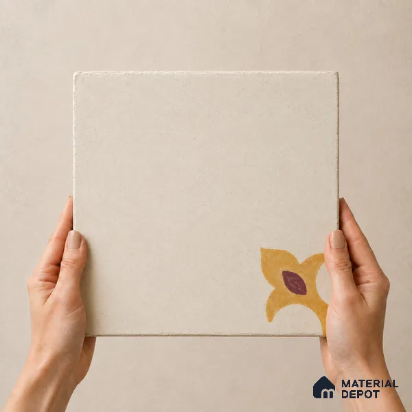 Athangudi Handmade Center Tile TL 10878 C Ivory Gold Knot 10 x 10 inch Concrete Pearl Finish - 18 mm | Suitable for Indoor Flooring in Living Room, Bedroom, Dining Area & Foyer