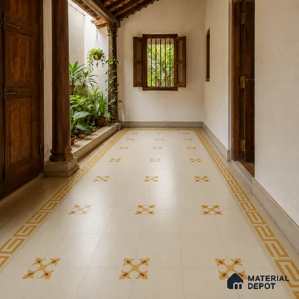 Athangudi Handmade Center Tile TL 10878 C Ivory Gold Knot 10 x 10 inch Concrete Pearl Finish - 18 mm | Suitable for Indoor Flooring in Living Room, Bedroom, Dining Area & Foyer