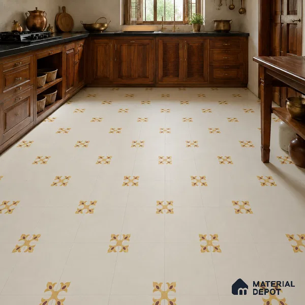 Athangudi Handmade Center Tile TL 10878 C Ivory Gold Knot 10 x 10 inch Concrete Pearl Finish - 18 mm | Suitable for Indoor Flooring in Living Room, Bedroom, Dining Area & Foyer