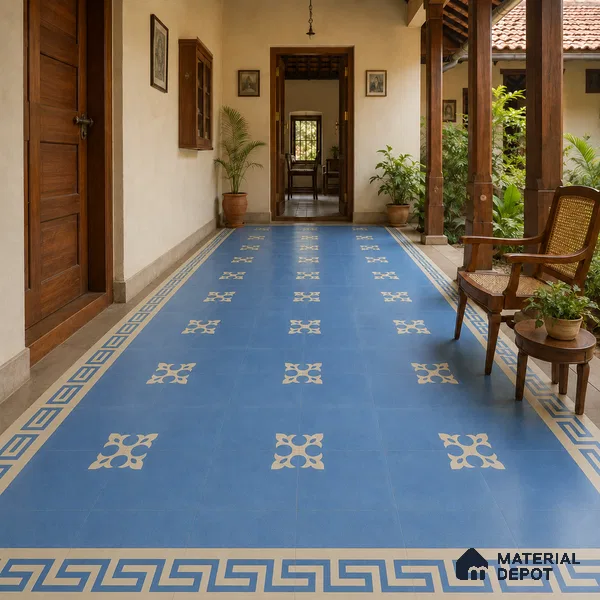Athangudi Handmade Border Tile TL 10878 F Indigo Heritage Knot 10 x 5 inch Concrete Pearl Finish - 18 mm | Suitable for Decorative Floor Borders in Living Room, Bedroom, Dining Area & Foyer