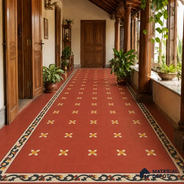 Athangudi Handmade Center Tile TL 10880 Coral Heritage Bloom 10 x 10 inch Concrete Pearl Finish - 18 mm | Suitable for Indoor Flooring in Living Room, Bedroom, Dining Area & Foyer
