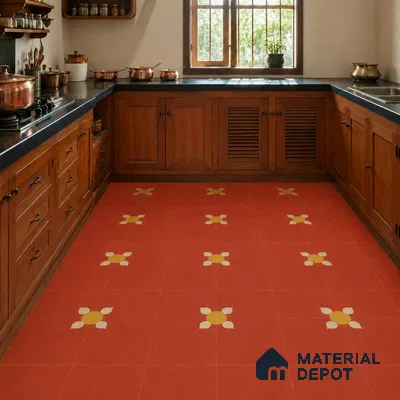 Athangudi Handmade Center Tile TL 10880 Coral Heritage Bloom 10 x 10 inch Concrete Pearl Finish - 18 mm | Suitable for Indoor Flooring in Living Room, Bedroom, Dining Area & Foyer