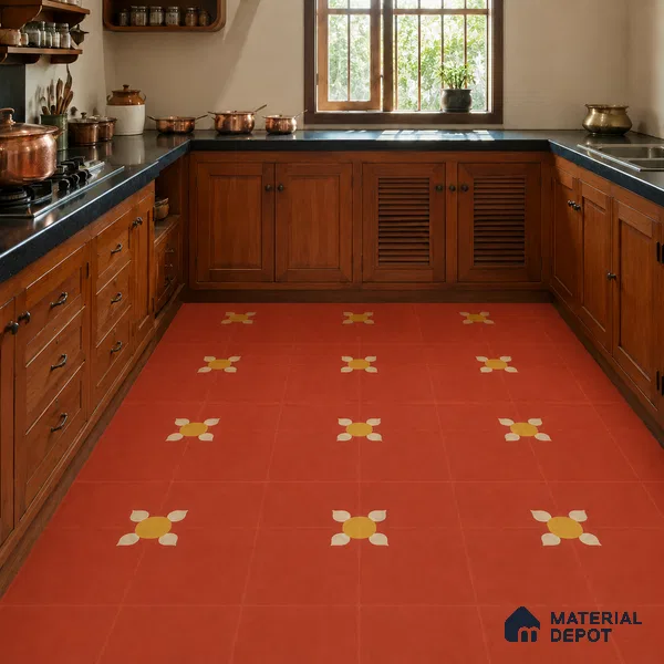 Athangudi Handmade Center Tile TL 10880 Coral Heritage Bloom 10 x 10 inch Concrete Pearl Finish - 18 mm | Suitable for Indoor Flooring in Living Room, Bedroom, Dining Area & Foyer