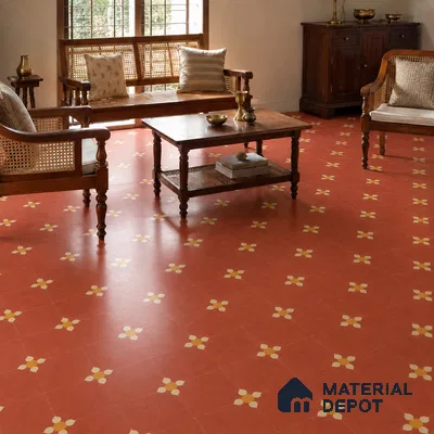 Athangudi Handmade Center Tile TL 10880 Coral Heritage Bloom 10 x 10 inch Concrete Pearl Finish - 18 mm | Suitable for Indoor Flooring in Living Room, Bedroom, Dining Area & Foyer