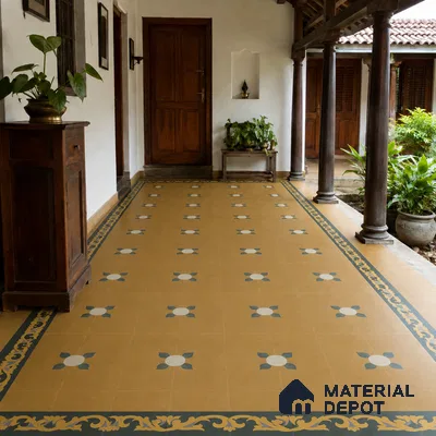 Athangudi Handmade Center Tile TL 10880 B Antique Ochre Bloom 10 x 10 inch Concrete Pearl Finish - 18 mm | Suitable for Indoor Flooring in Living Room, Bedroom, Dining Area & Foyer