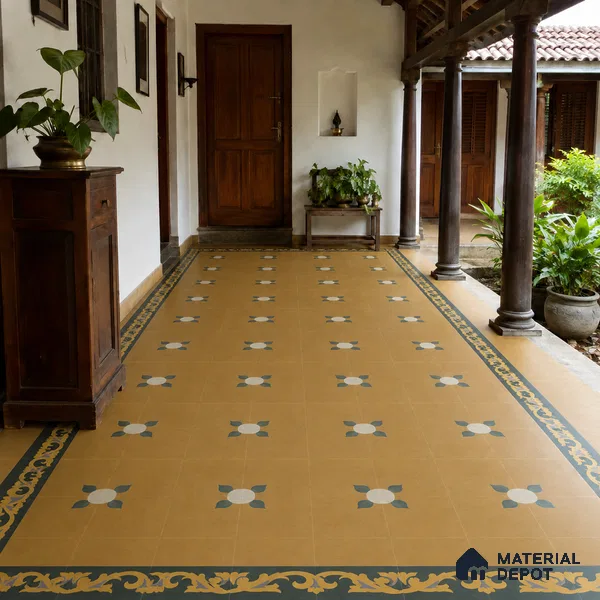 Athangudi Handmade Center Tile TL 10880 B Antique Ochre Bloom 10 x 10 inch Concrete Pearl Finish - 18 mm | Suitable for Indoor Flooring in Living Room, Bedroom, Dining Area & Foyer