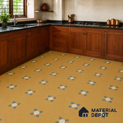Athangudi Handmade Center Tile TL 10880 B Antique Ochre Bloom 10 x 10 inch Concrete Pearl Finish - 18 mm | Suitable for Indoor Flooring in Living Room, Bedroom, Dining Area & Foyer