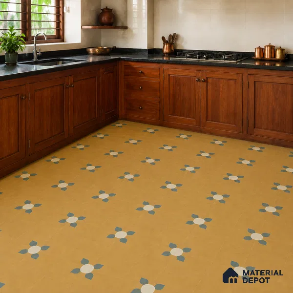 Athangudi Handmade Center Tile TL 10880 B Antique Ochre Bloom 10 x 10 inch Concrete Pearl Finish - 18 mm | Suitable for Indoor Flooring in Living Room, Bedroom, Dining Area & Foyer