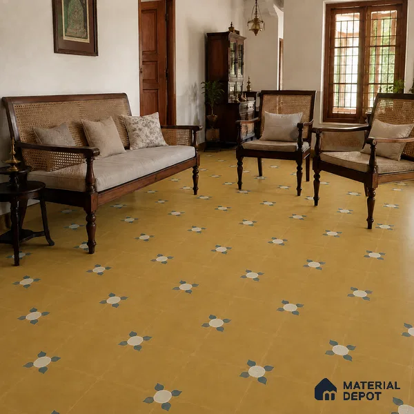 Athangudi Handmade Center Tile TL 10880 B Antique Ochre Bloom 10 x 10 inch Concrete Pearl Finish - 18 mm | Suitable for Indoor Flooring in Living Room, Bedroom, Dining Area & Foyer