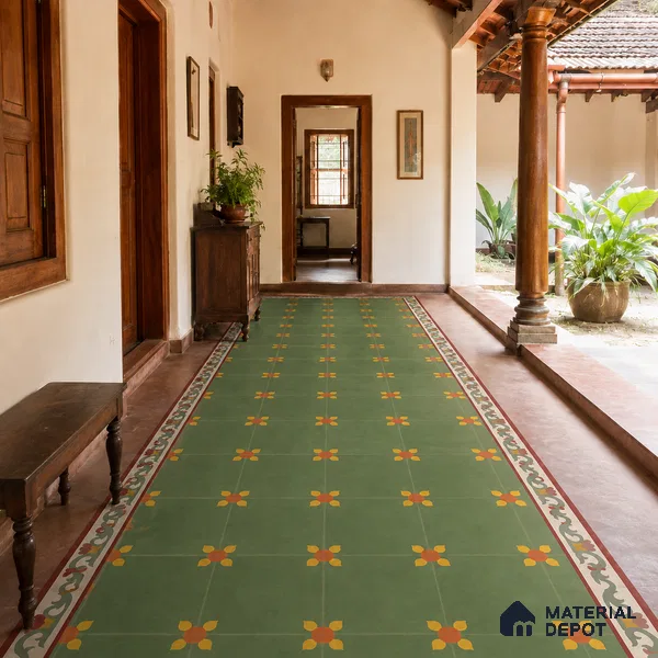Athangudi Handmade Center Tile TL 10880 C Olive Marigold 10 x 10 inch Concrete Pearl Finish - 18 mm | Suitable for Indoor Flooring in Living Room, Bedroom, Dining Area & Foyer