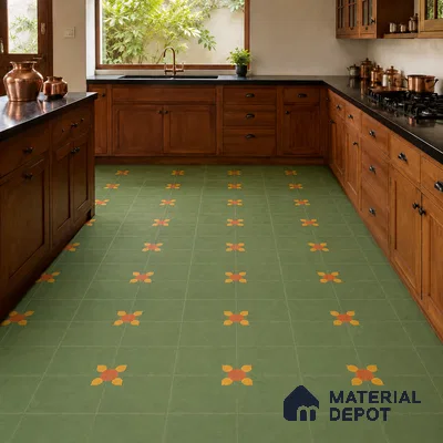 Athangudi Handmade Center Tile TL 10880 C Olive Marigold 10 x 10 inch Concrete Pearl Finish - 18 mm | Suitable for Indoor Flooring in Living Room, Bedroom, Dining Area & Foyer
