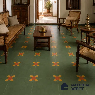 Athangudi Handmade Center Tile TL 10880 C Olive Marigold 10 x 10 inch Concrete Pearl Finish - 18 mm | Suitable for Indoor Flooring in Living Room, Bedroom, Dining Area & Foyer