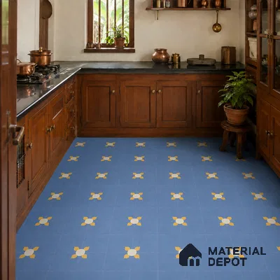 Athangudi Handmade Center Tile TL 10880 D Indigo Blossom 10 x 10 inch Concrete Pearl Finish - 18 mm | Suitable for Indoor Flooring in Living Room, Bedroom, Dining Area & Foyer