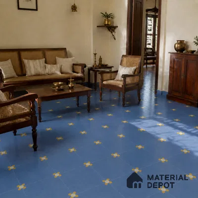 Athangudi Handmade Center Tile TL 10880 D Indigo Blossom 10 x 10 inch Concrete Pearl Finish - 18 mm | Suitable for Indoor Flooring in Living Room, Bedroom, Dining Area & Foyer