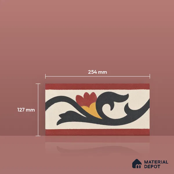 Athangudi Handmade Border Tile TL 10880 E Coral Heritage Bloom 10 x 5 inch Concrete Pearl Finish - 18 mm | Suitable for Decorative Floor Borders in Living Room, Bedroom, Dining Area & Foyer