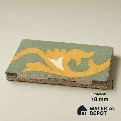 Athangudi Handmade Border Tile TL 10880 F Antique Ochre Bloom 10 x 5 inch Concrete Pearl Finish - 18 mm | Suitable for Decorative Floor Borders in Living Room, Bedroom, Dining Area & Foyer