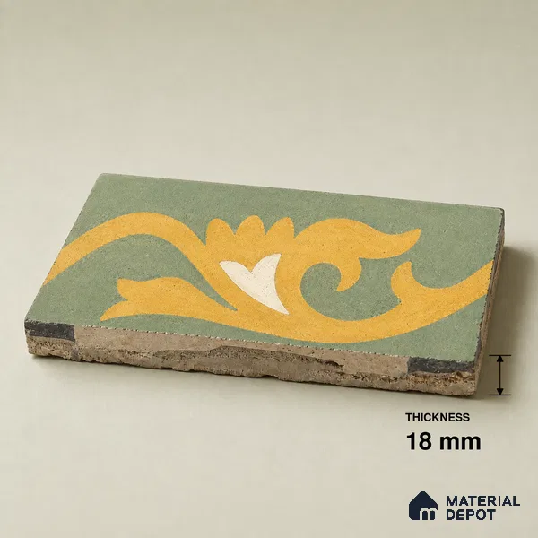 Athangudi Handmade Border Tile TL 10880 F Antique Ochre Bloom 10 x 5 inch Concrete Pearl Finish - 18 mm | Suitable for Decorative Floor Borders in Living Room, Bedroom, Dining Area & Foyer