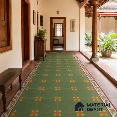 Athangudi Handmade Border Tile TL 10880 G Olive Marigold 10 x 5 inch Concrete Pearl Finish - 18 mm | Suitable for Decorative Floor Borders in Living Room, Bedroom, Dining Area & Foyer