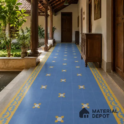 Athangudi Handmade Border Tile TL 10880 H Indigo Blossom 10 x 5 inch Concrete Pearl Finish - 18 mm | Suitable for Decorative Floor Borders in Living Room, Bedroom, Dining Area & Foyer
