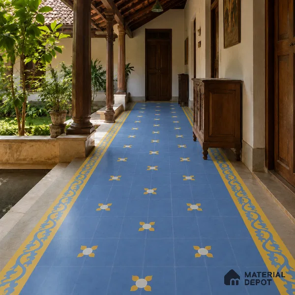 Athangudi Handmade Border Tile TL 10880 H Indigo Blossom 10 x 5 inch Concrete Pearl Finish - 18 mm | Suitable for Decorative Floor Borders in Living Room, Bedroom, Dining Area & Foyer