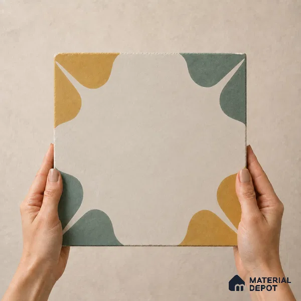 Athangudi Handmade Center Tile TL 10872 Marigold Clover 10 x 10 inch Concrete Pearl Finish - 18 mm | Suitable for Indoor Flooring in Living Room, Bedroom, Dining Area & Foyer