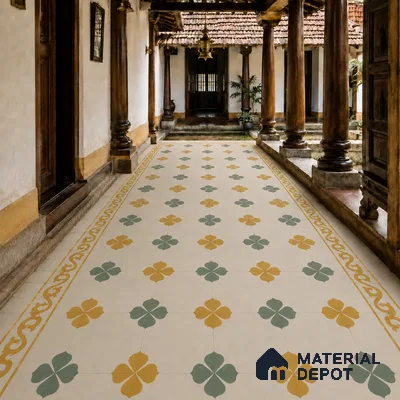 Athangudi Handmade Center Tile TL 10872 Marigold Clover 10 x 10 inch Concrete Pearl Finish - 18 mm | Suitable for Indoor Flooring in Living Room, Bedroom, Dining Area & Foyer