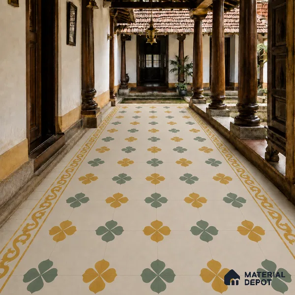Athangudi Handmade Center Tile TL 10872 Marigold Clover 10 x 10 inch Concrete Pearl Finish - 18 mm | Suitable for Indoor Flooring in Living Room, Bedroom, Dining Area & Foyer