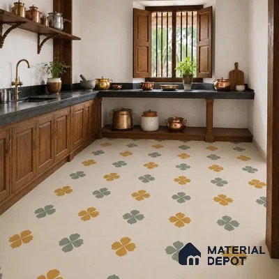 Athangudi Handmade Center Tile TL 10872 Marigold Clover 10 x 10 inch Concrete Pearl Finish - 18 mm | Suitable for Indoor Flooring in Living Room, Bedroom, Dining Area & Foyer