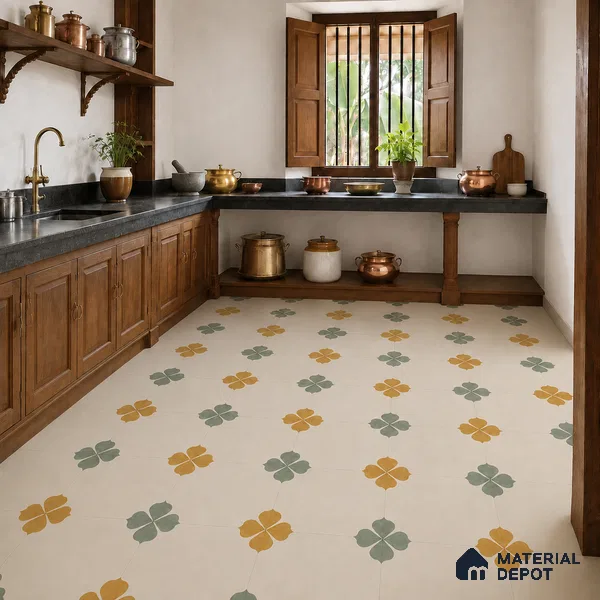 Athangudi Handmade Center Tile TL 10872 Marigold Clover 10 x 10 inch Concrete Pearl Finish - 18 mm | Suitable for Indoor Flooring in Living Room, Bedroom, Dining Area & Foyer