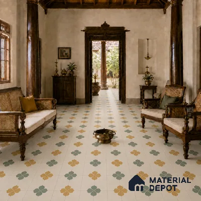 Athangudi Handmade Center Tile TL 10872 Marigold Clover 10 x 10 inch Concrete Pearl Finish - 18 mm | Suitable for Indoor Flooring in Living Room, Bedroom, Dining Area & Foyer